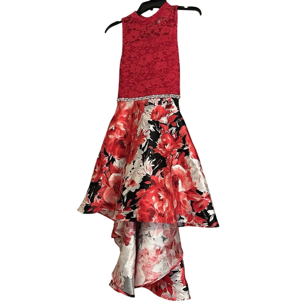 Speechless Kids 16 Formal red sleeveless lace upper floral lower embellished zip